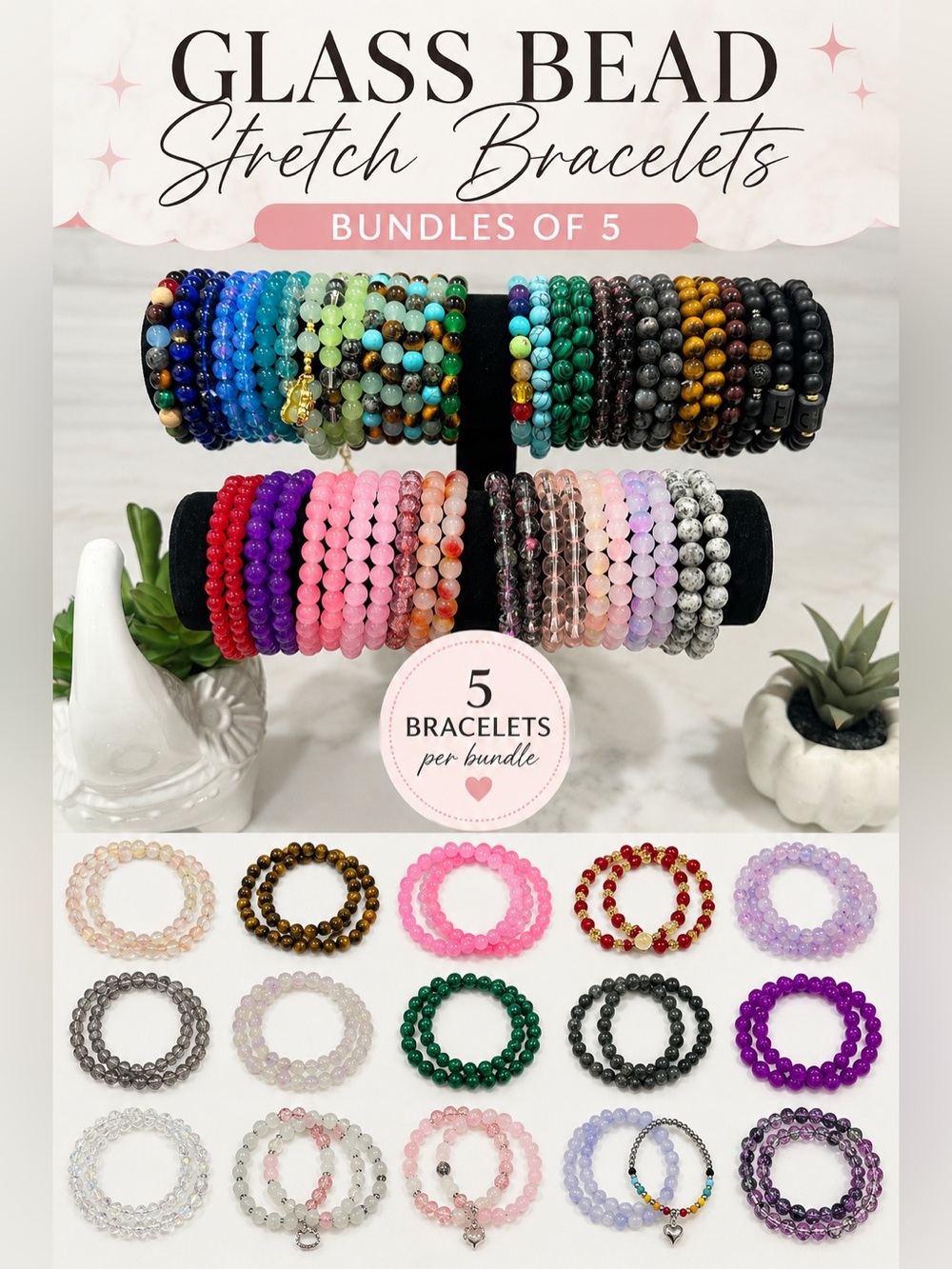 NWOT Handmade Glass Bead Stretch Bracelet Bundle - Set of 5 random colors picked